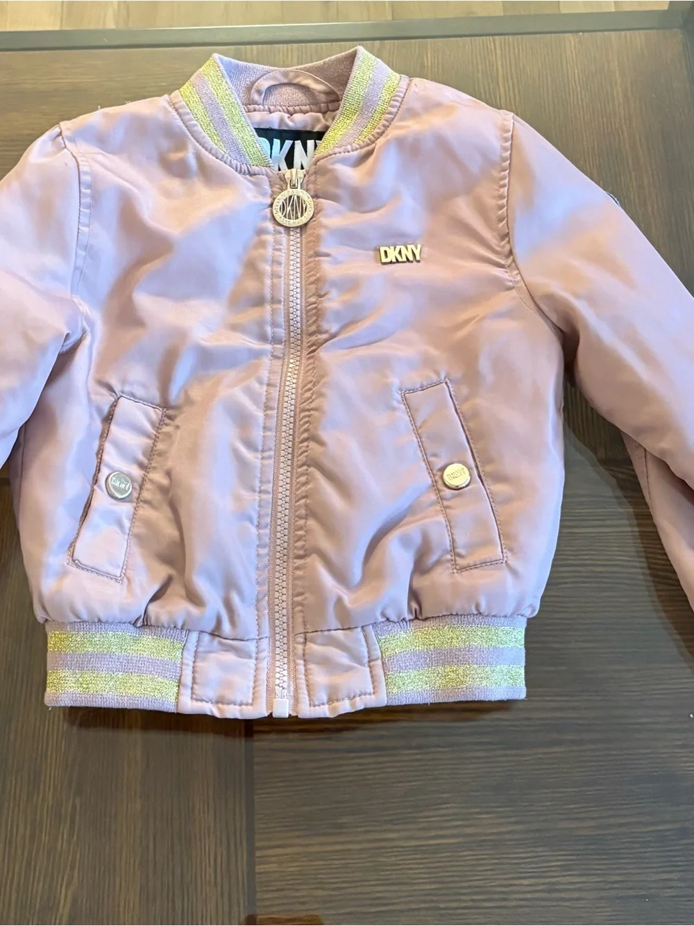 DKNY Bomber Jacket Girls Pink/Blush Size 4T Lined Faux Fur Gold Logo Spring Coat